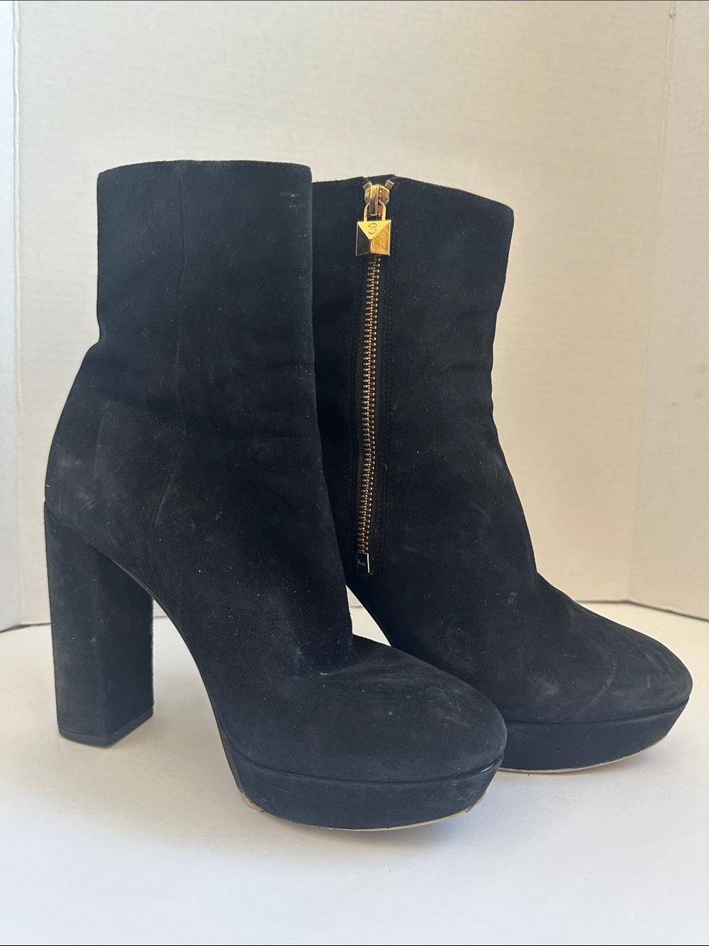 Michael Kors Black Suede Block Heel Ankle Boots with Gold Zip Pull
